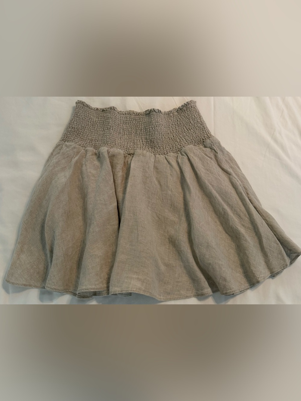 J. Crew khaki colored, Smocked Waist Linen-Blend Mini Skirt/size L
